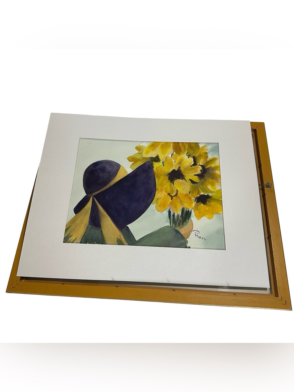 M Hart Signed Original Watercolor Painting Sunflowers Woman Purple Sunhat Framed